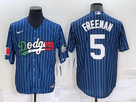 Men's Los Angeles Dodgers #5 Freddie Freeman Navy Mexico World Series Cool Base Stitched Baseball Jersey